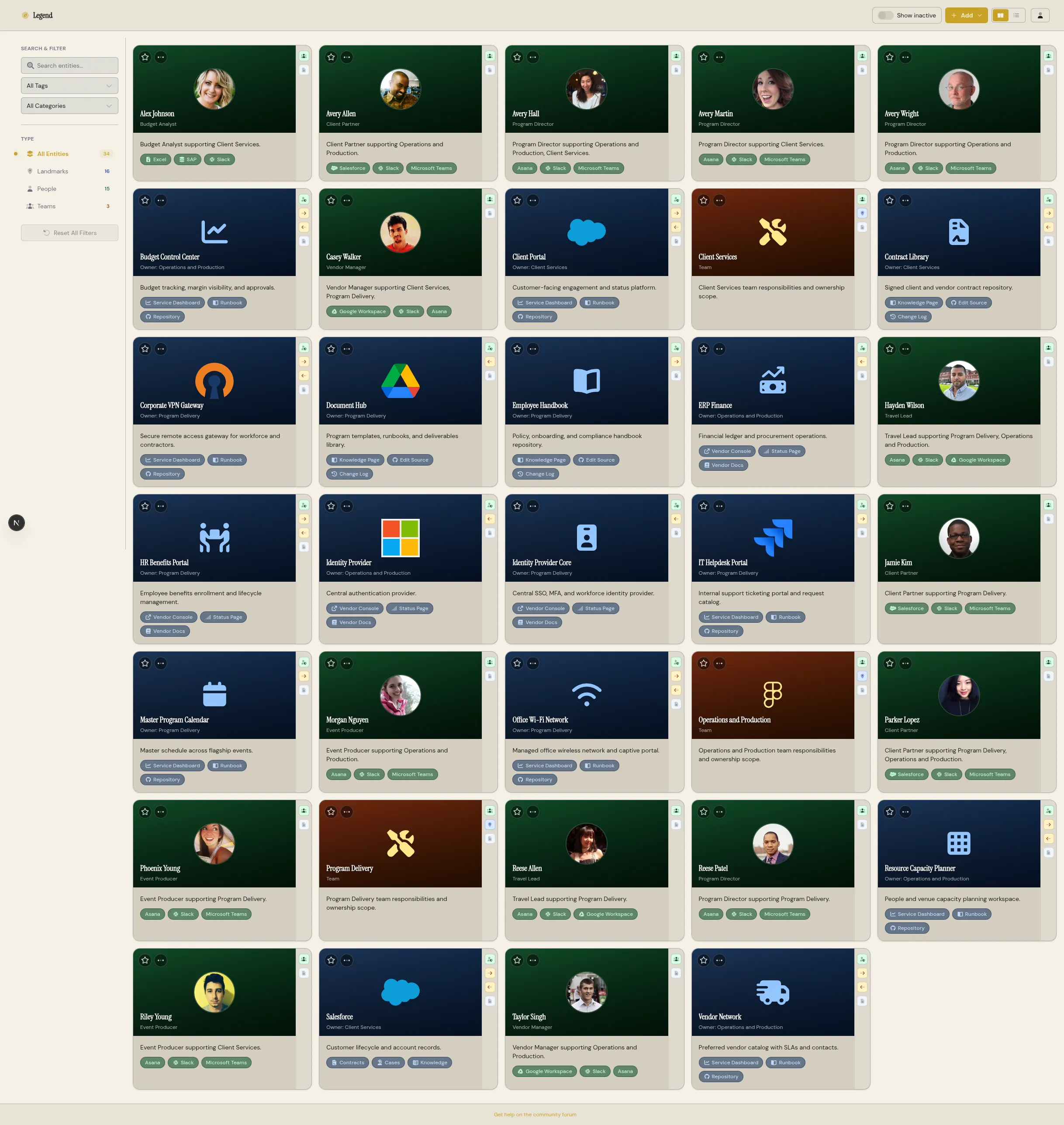 Dashboard overview showing entity cards, search box, and filters