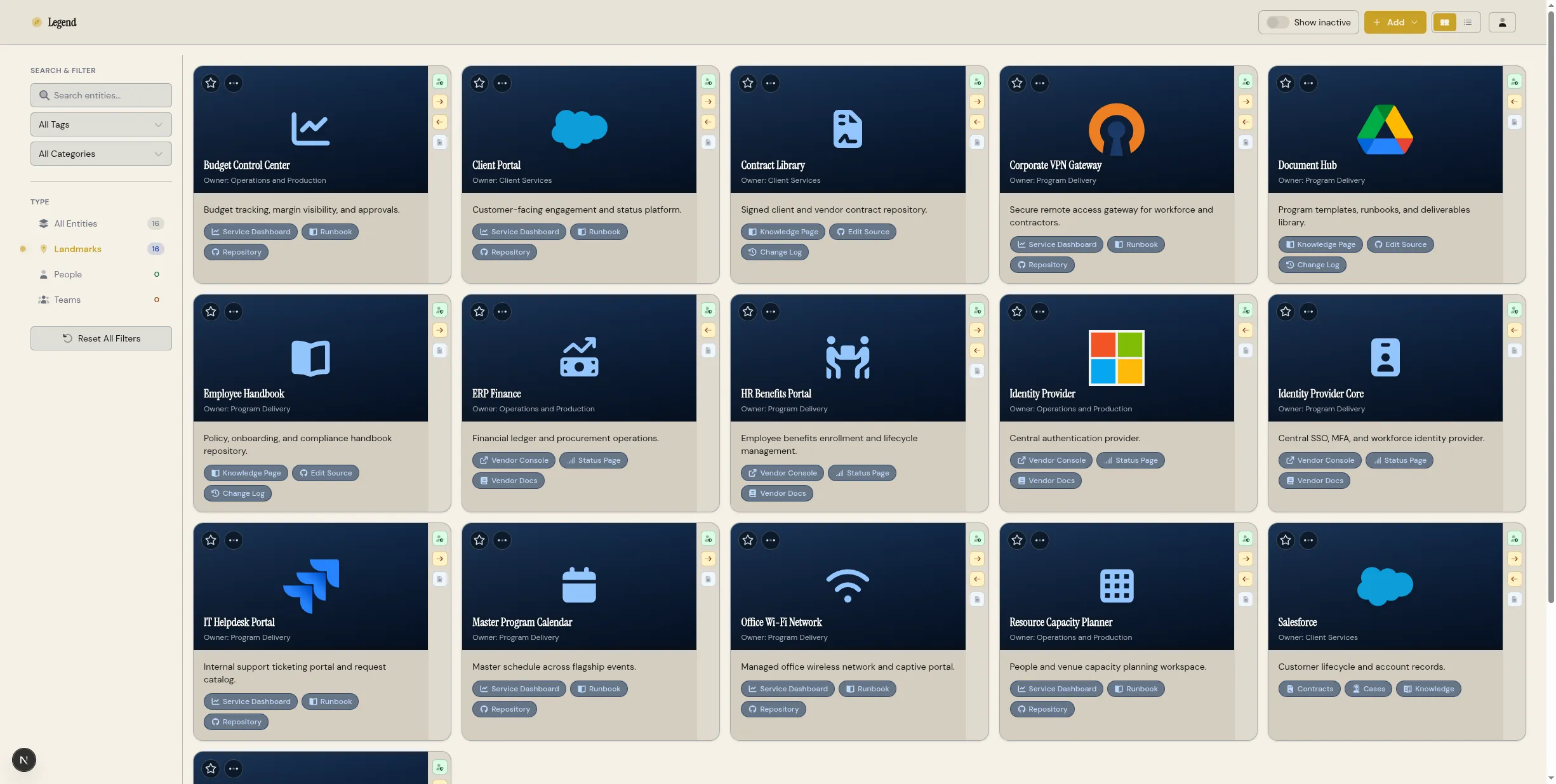 Dashboard filtered to show landmarks with the type filter active