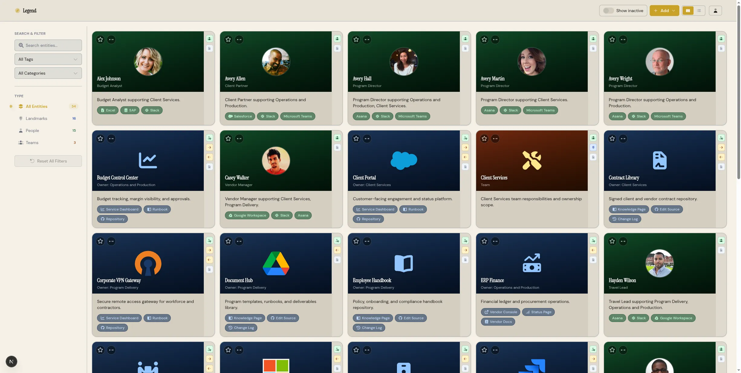 Dashboard overview showing entity cards, search box, and filters