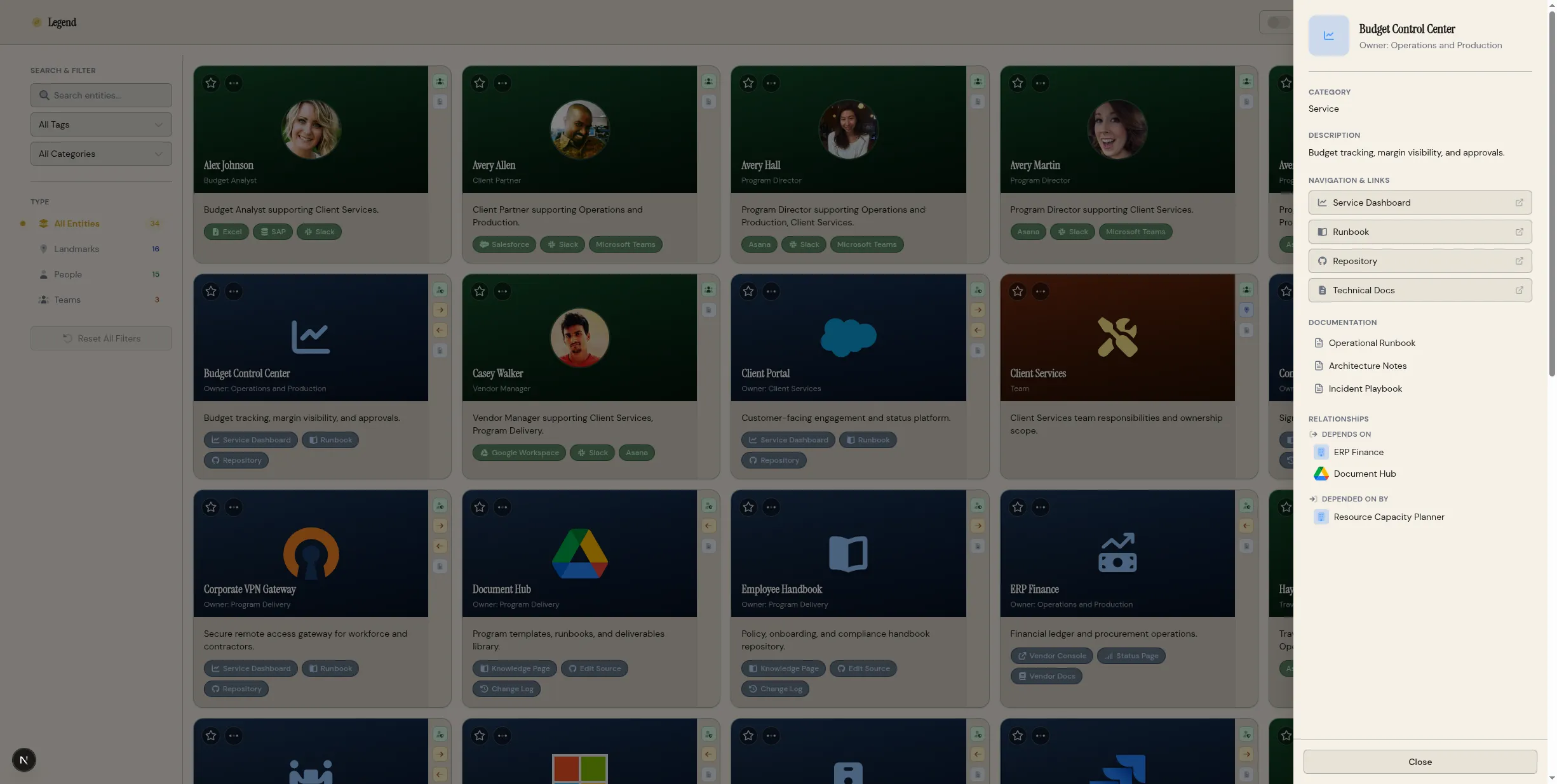 Entity detail drawer showing entity information, relationships, and edit options